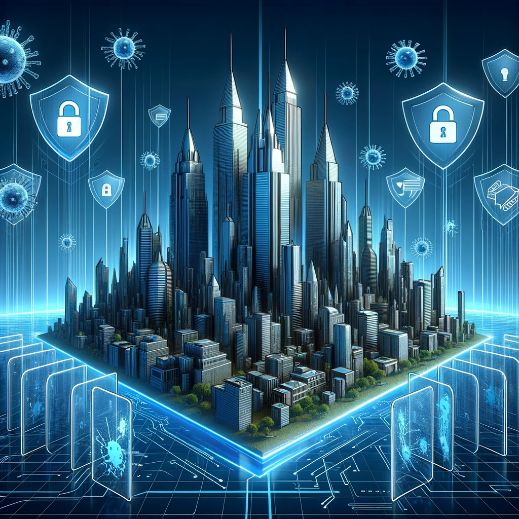 The digital landscape showcasing futuristic skyscrapers symbolizing the expanding digital realm, with shielded barriers highlighting the essence of cybersecurity